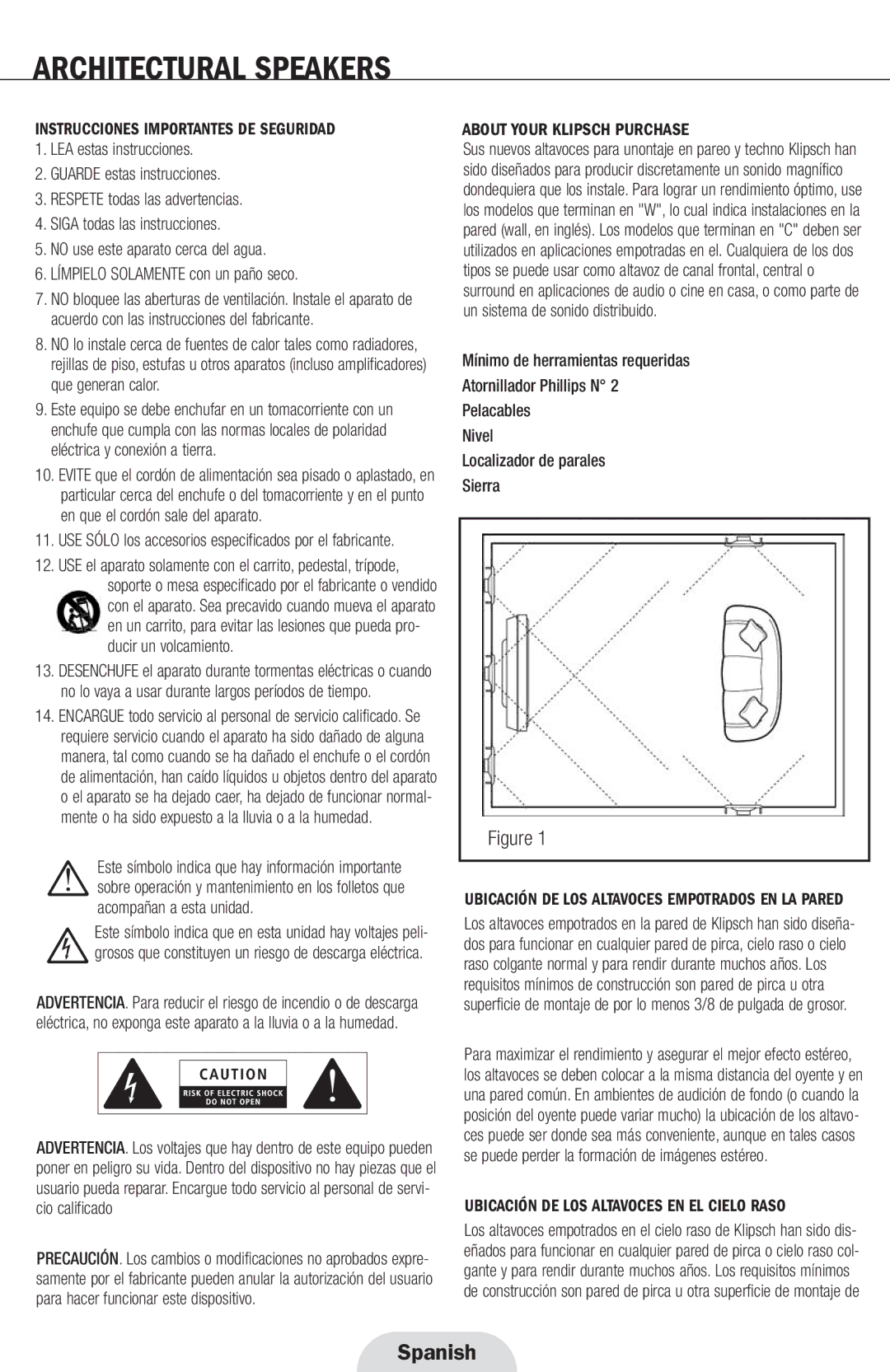 Klipsch r2800com manual Instrucciones Importantes DE Seguridad, Ubicación DE LOS Altavoces EN EL Cielo Raso 