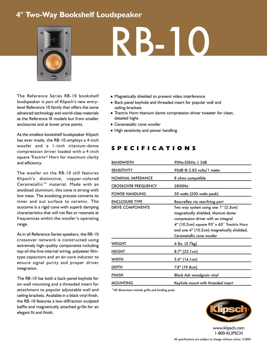 Klipsch RB-10 specifications Specification S 