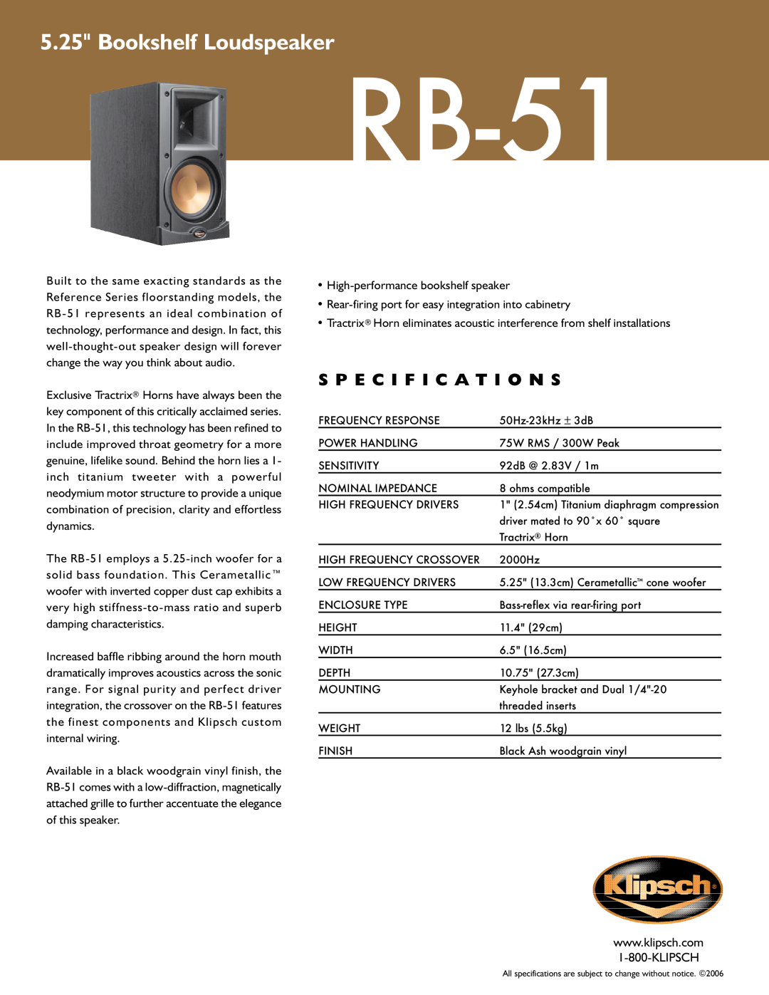 Klipsch RB-51 specifications Bookshelf Loudspeaker, S P E C I F I C A T I O N S 