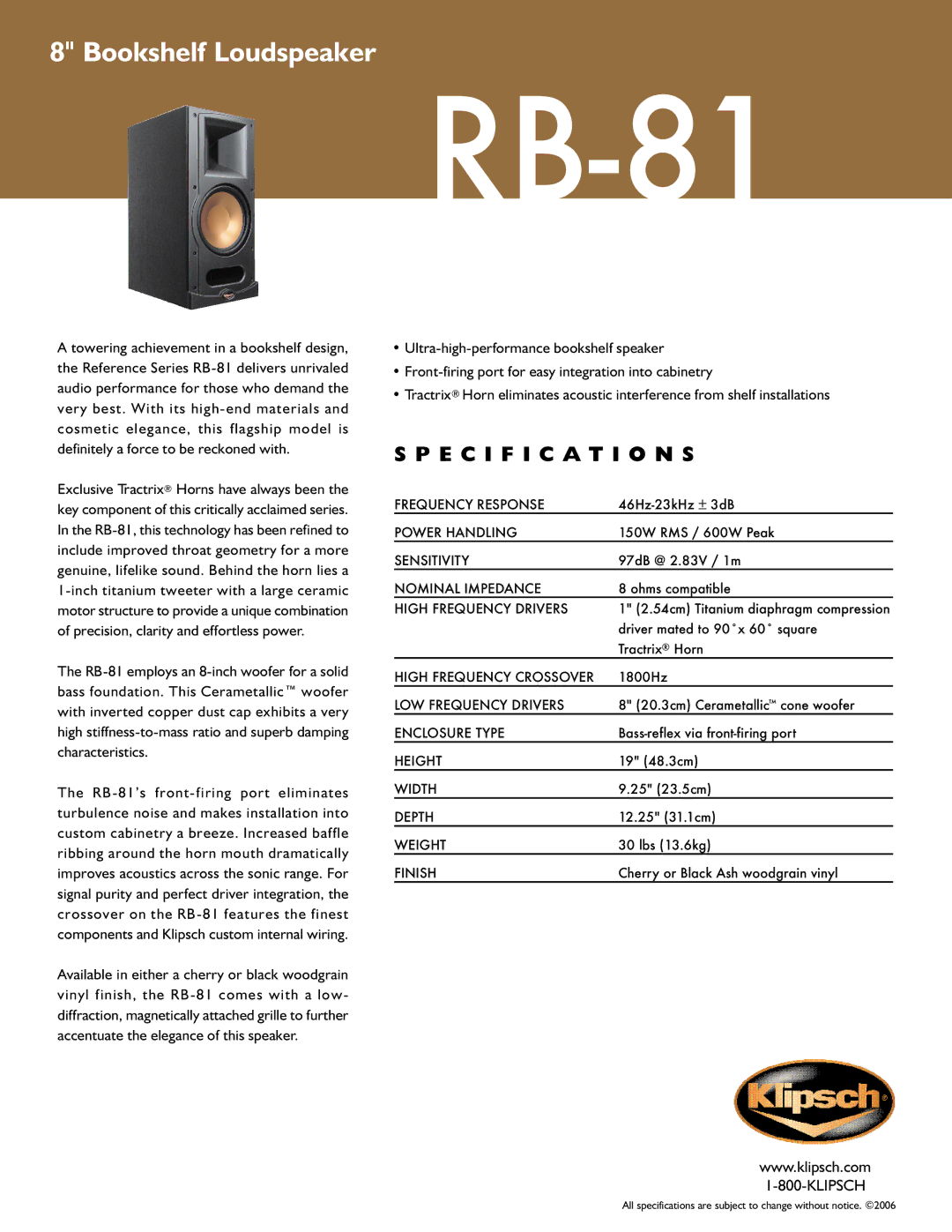 Klipsch RB-81 specifications Bookshelf Loudspeaker, Specification S 