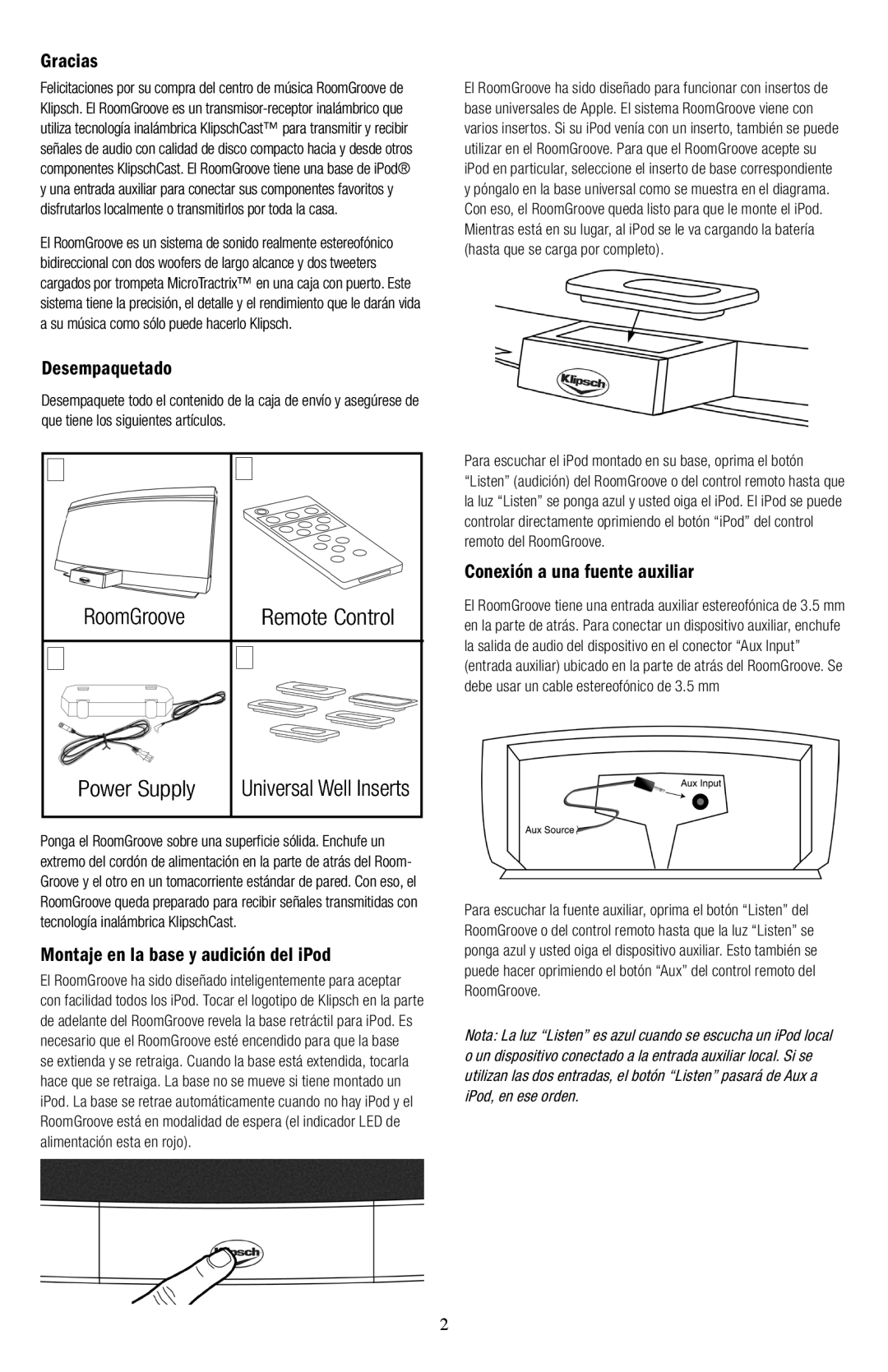 Klipsch ROOMGROOVE Gracias, Desempaquetado, Montaje en la base y audición del iPod, Conexión a una fuente auxiliar 