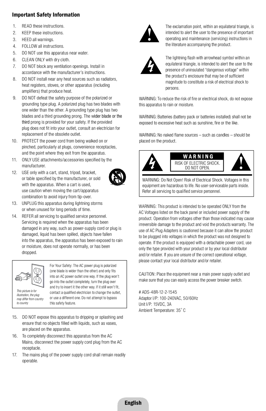 Klipsch ROOMGROOVE owner manual IImportantportant SafetySafetyInformatiInformationn, English 