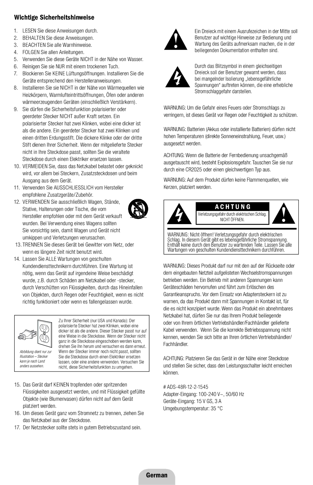 Klipsch ROOMGROOVE owner manual German, ImportantWichtigeSafetySicherheitshinweiseInformation 