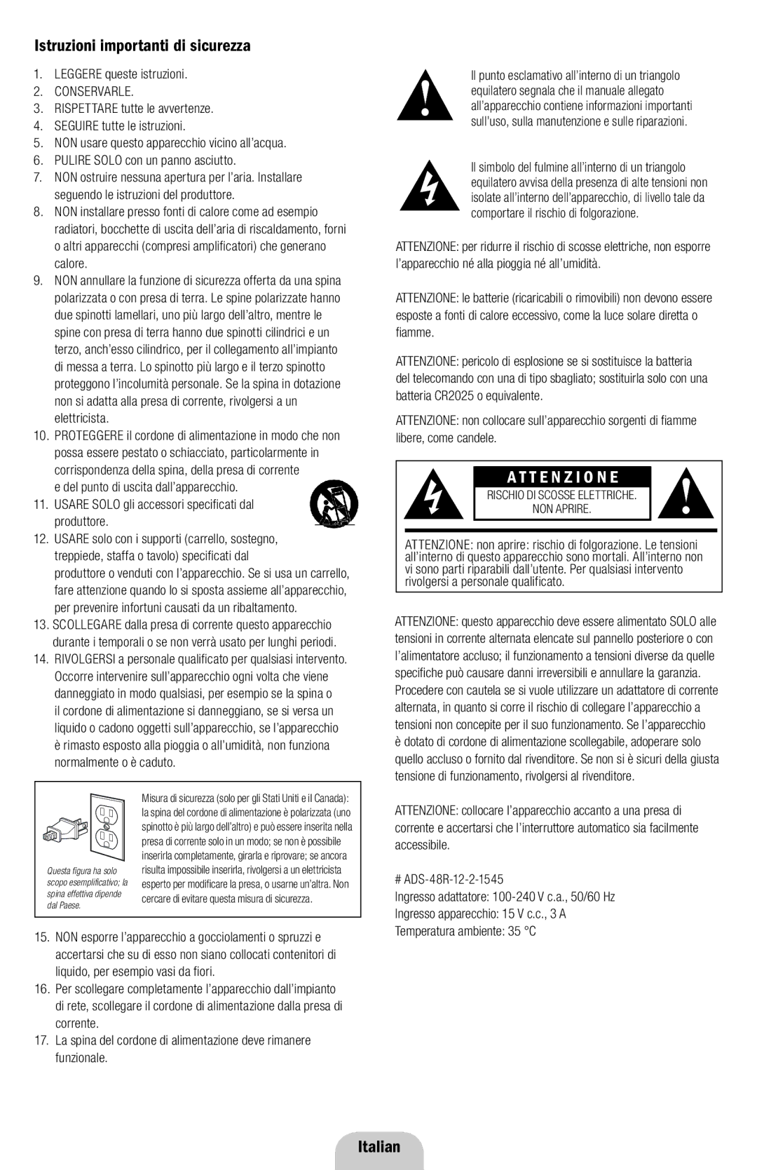 Klipsch ROOMGROOVE Italian, IstruzioniImportant SafetyimportantiInformationdi sicurezza, Leggere queste istruzioni 