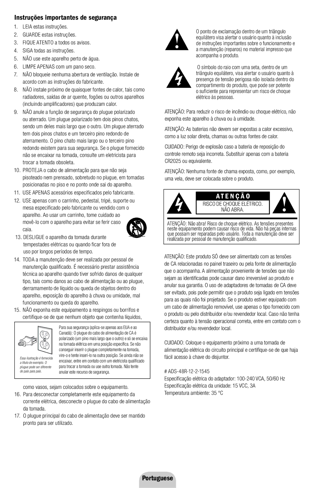 Klipsch ROOMGROOVE owner manual Instruções importantes de segurança, Portuguese, Distribuidor e/ou revendedor local 