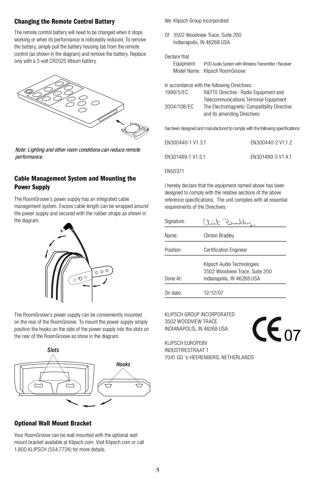 Klipsch ROOMGROOVE owner manual Changing the Remote Control Battery, Cable Management System and Mounting the Power Supply 