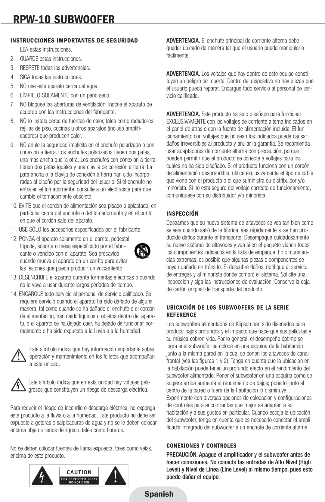 Klipsch RPW-10 manual Spanish, Instrucciones Importantes DE Seguridad, Inspección, Conexiones Y Controles 