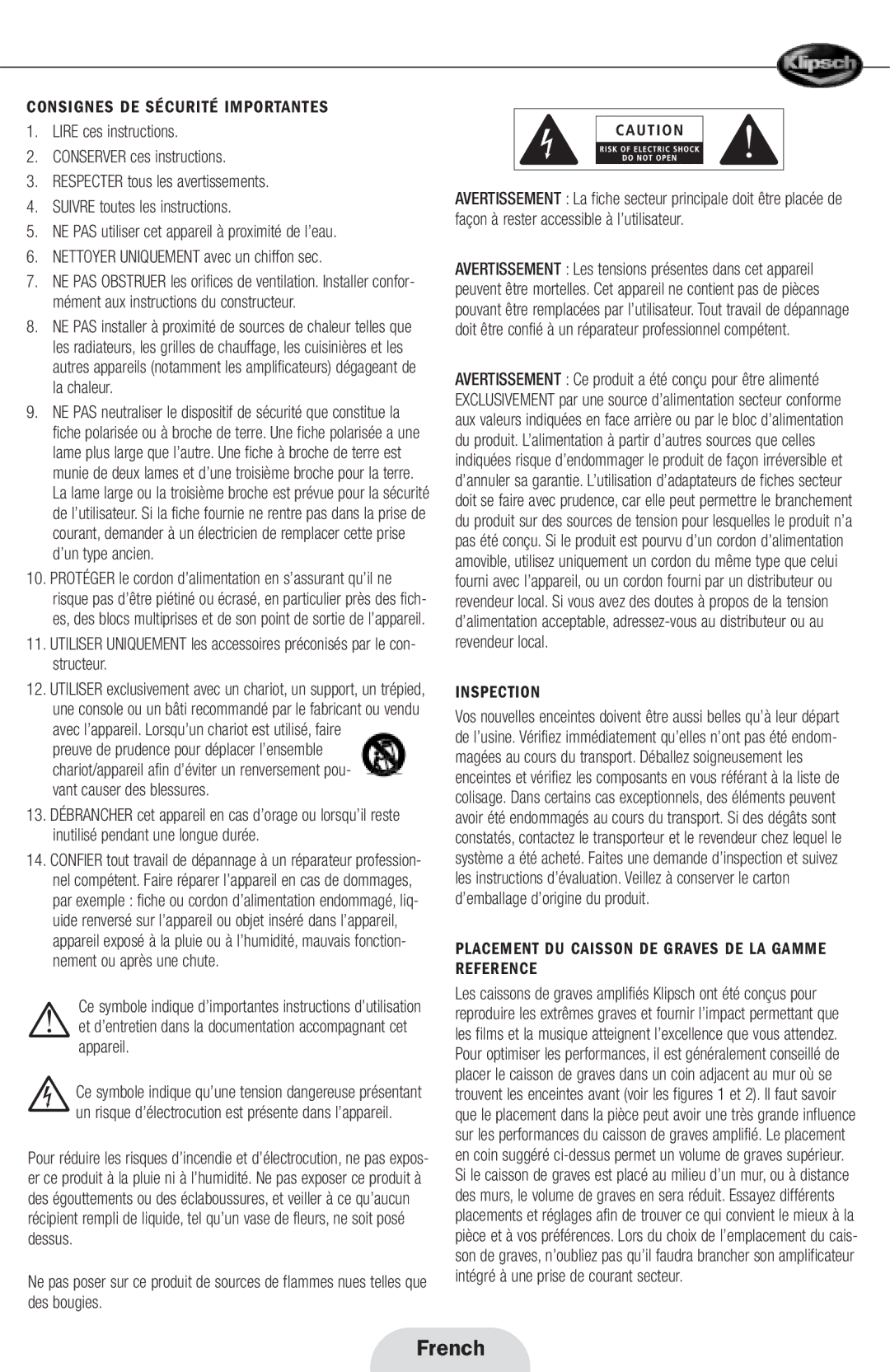 Klipsch RPW-10 manual French, Consignes DE Sécurité Importantes, Placement DU Caisson DE Graves DE LA Gamme Reference 