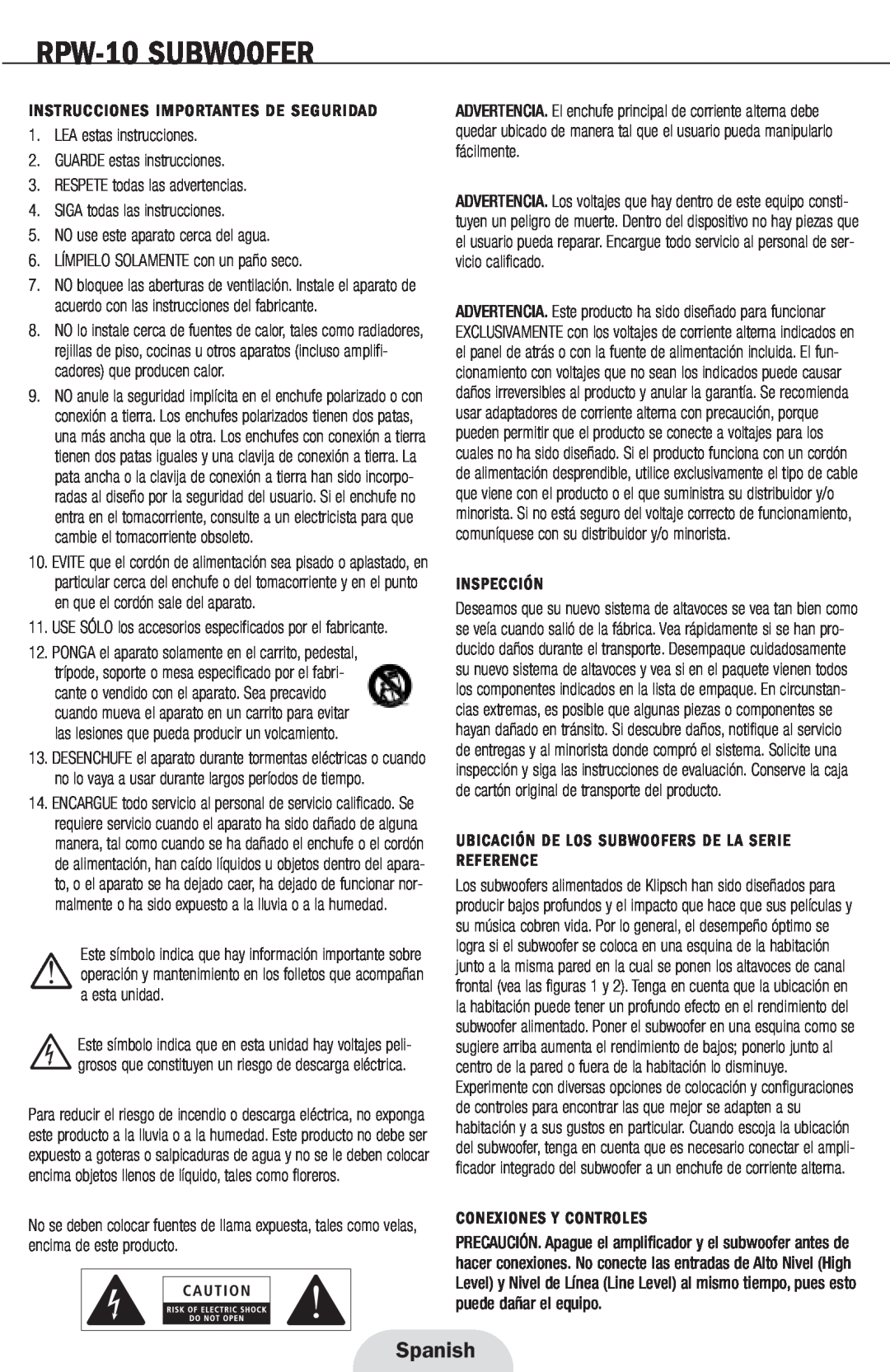 Klipsch manual Spanish, RPW-10SUBWOOFER 