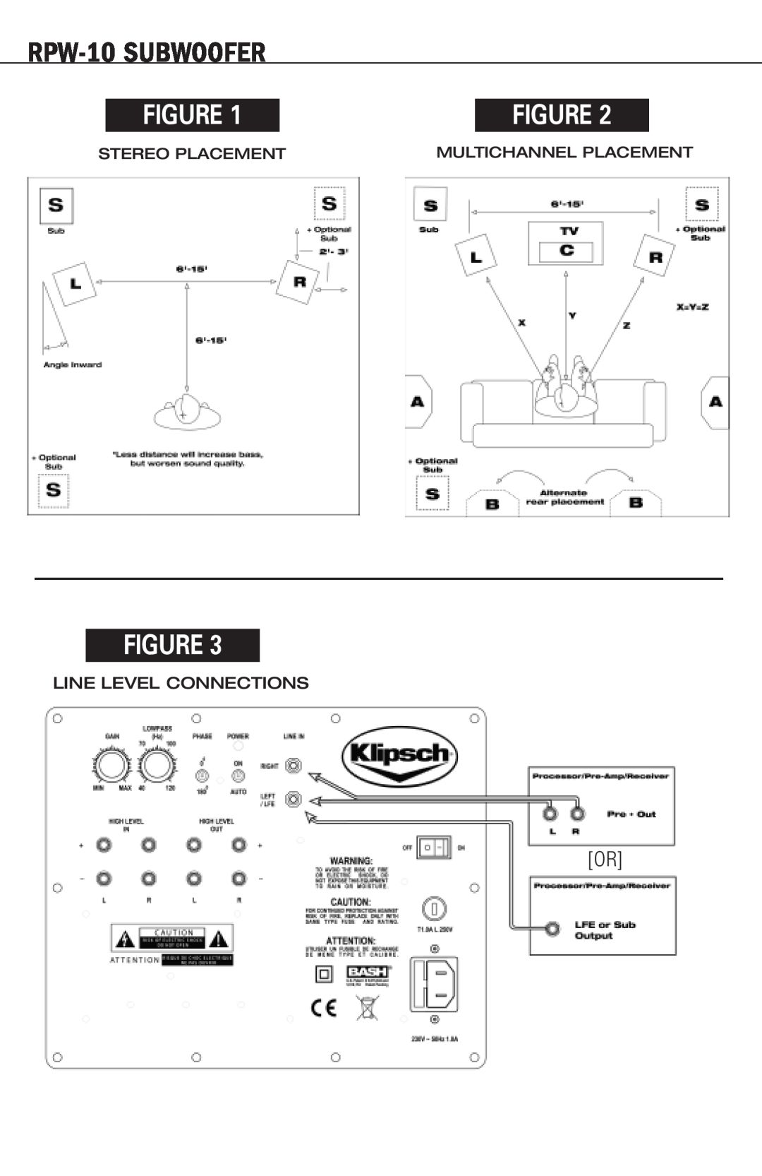 Klipsch manual Stereo Placement, Multichannel Placement, Line Level Connections, RPW-10SUBWOOFER 