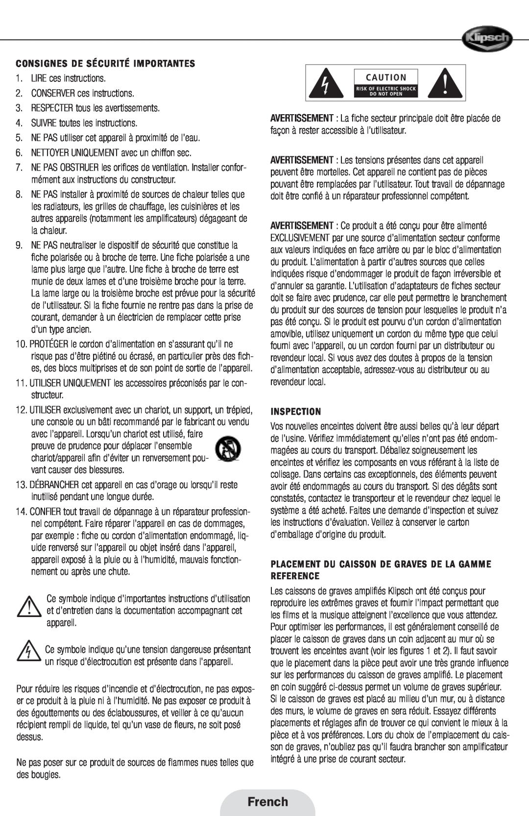 Klipsch RPW-10 manual French 