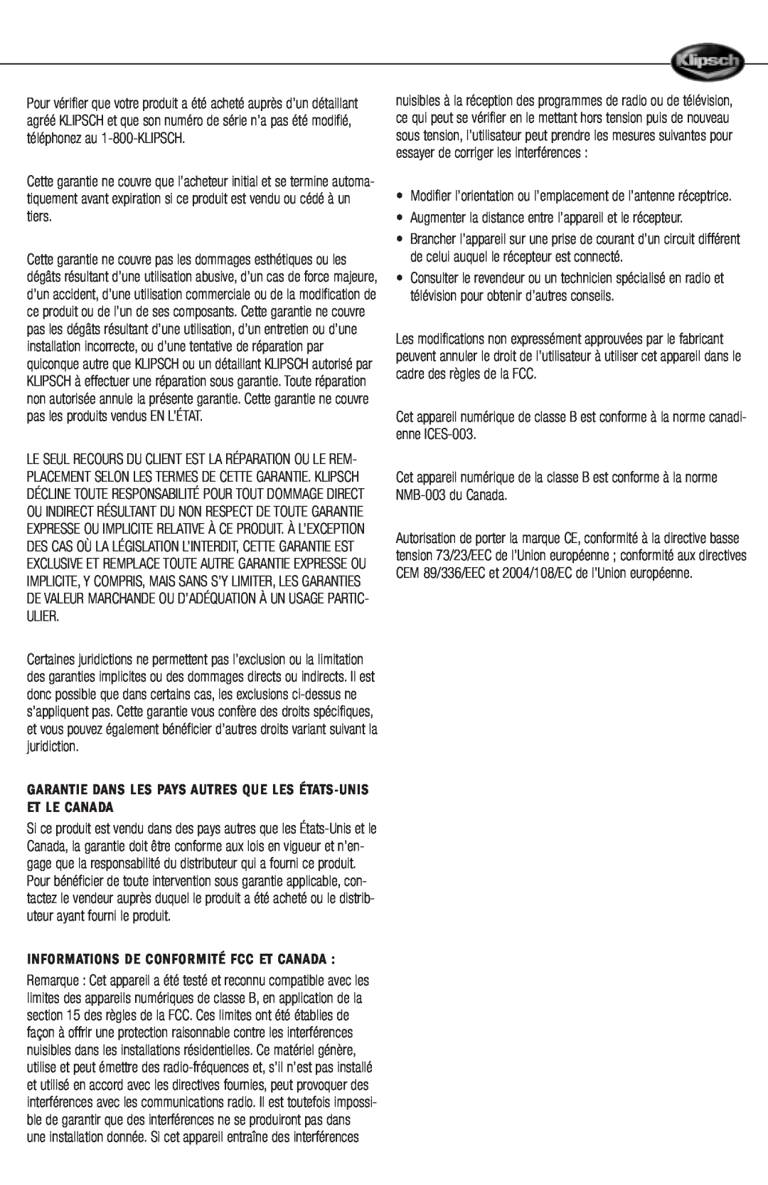 Klipsch RPW-10 manual Informations De Conformité Fcc Et Canada 