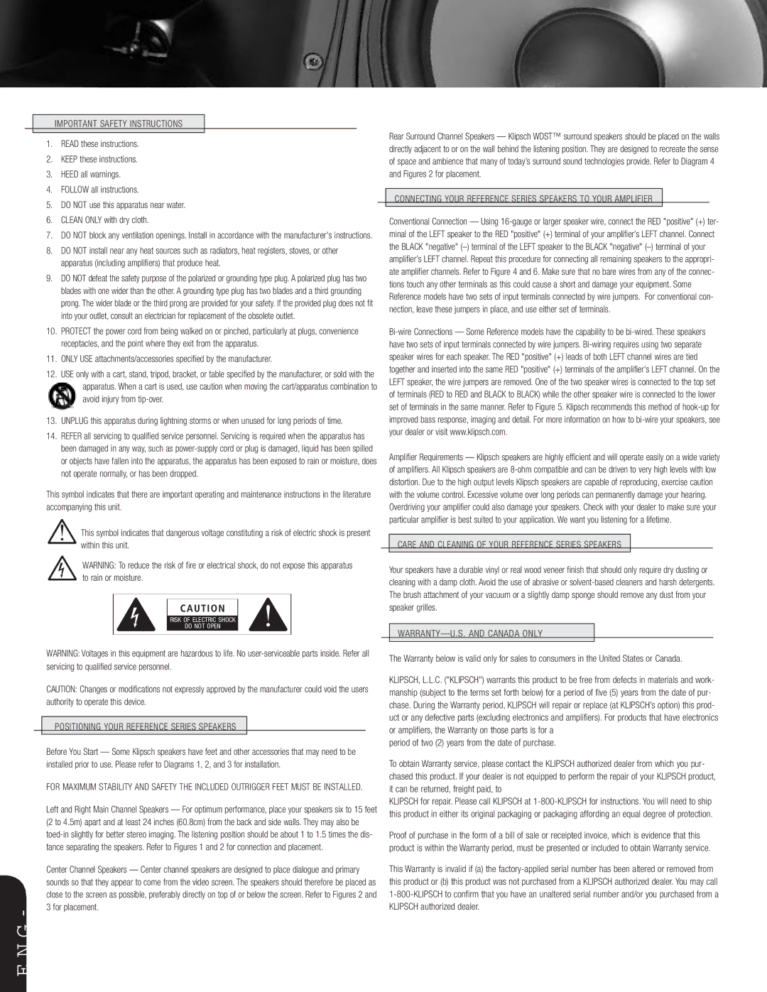 Klipsch RF-5, RS-7, RF-7, RC-7 Important Safety Instructions, Connecting Your Reference Series Speakers to Your Amplifier 