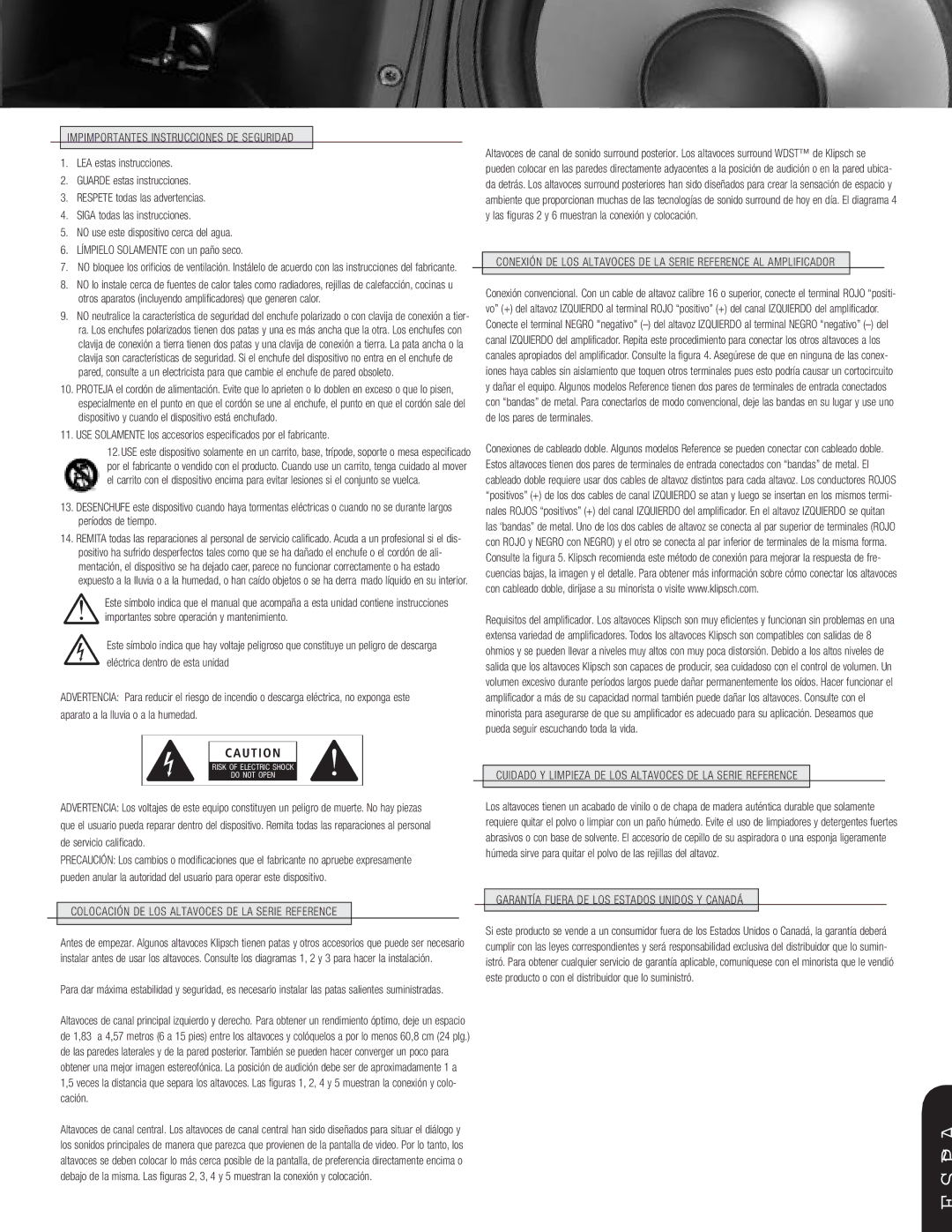 Klipsch RF-7, RS-7 Impimportantes Instrucciones DE Seguridad, Cuidado Y Limpieza DE LOS Altavoces DE LA Serie Reference 