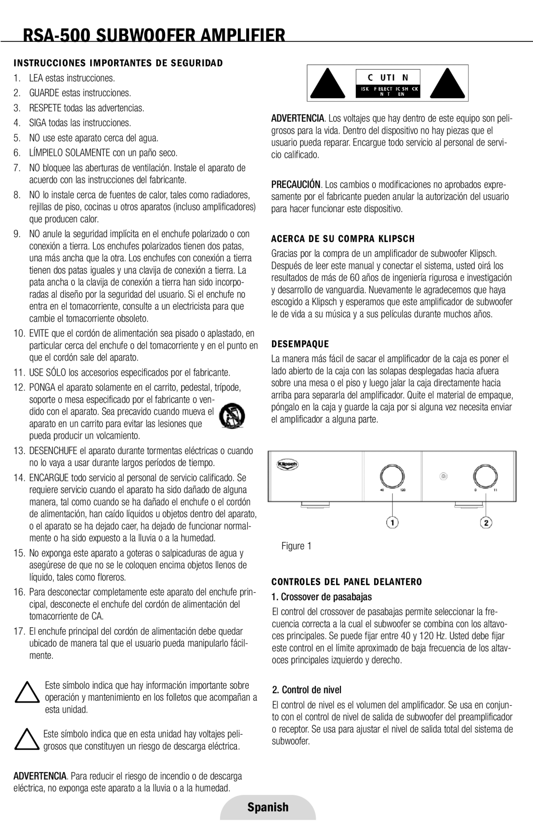 Klipsch RSA-500 owner manual Instrucciones Importantes DE Seguridad, Acerca DE SU Compra Klipsch, Desempaque 