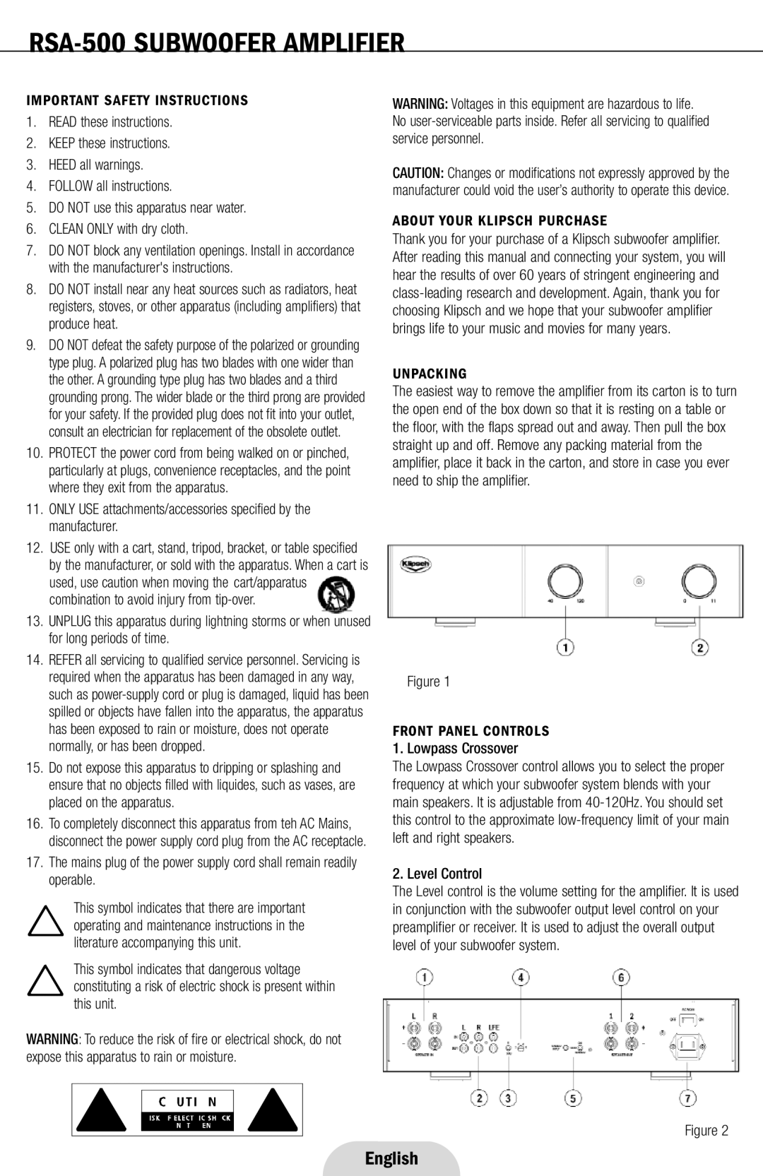 Klipsch RSA-500 owner manual Important Safety Instructions, About Your Klipsch Purchase, Unpacking, Front Panel Controls 