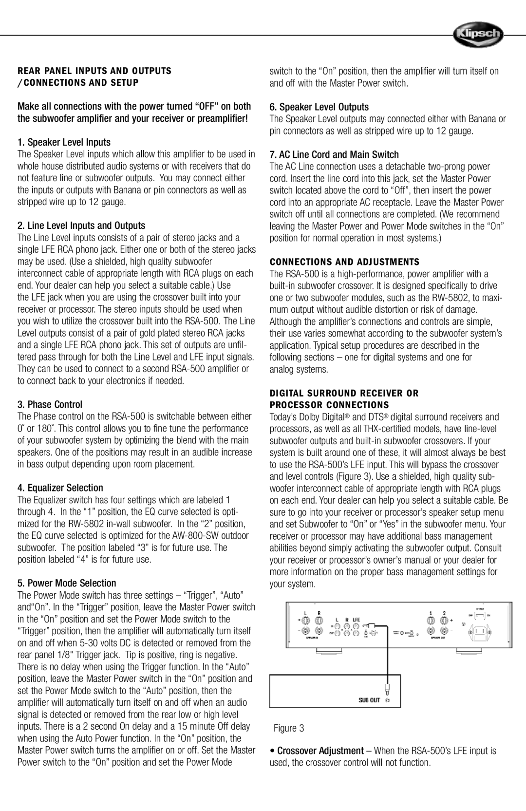 Klipsch RSA-500 owner manual Connections and Adjustments, Digital Surround Receiver or Processor Connections 