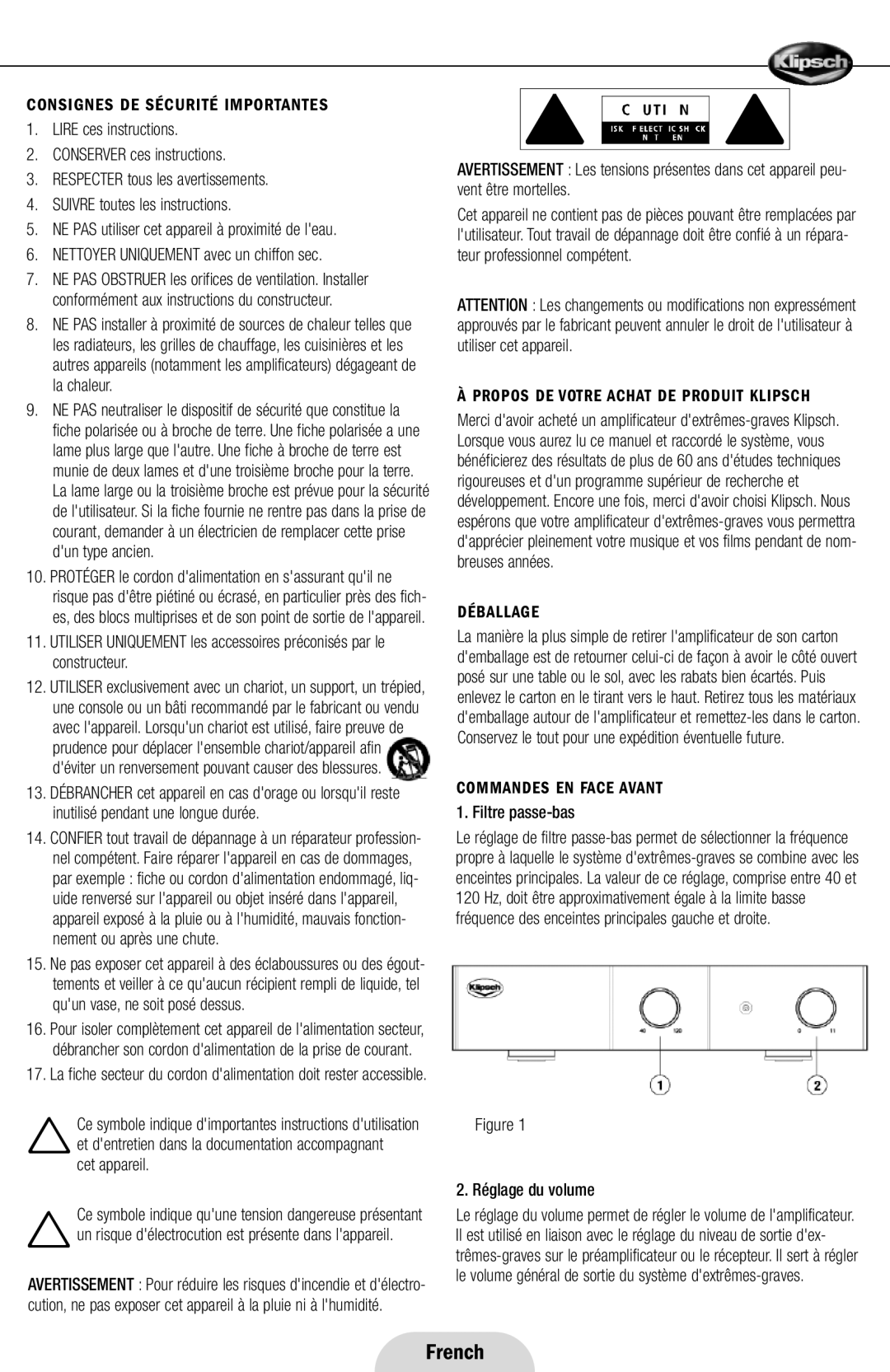 Klipsch RSA-500 owner manual Consignes DE Sécurité Importantes, Déballage, Commandes EN Face Avant 