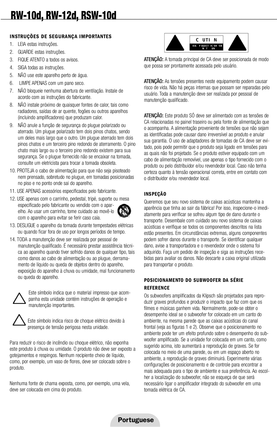 Klipsch RW-10d Portuguese, Instruções De Segurança Importantes, LEIA estas instruções 2.GUARDE estas instruções, Inspeção 