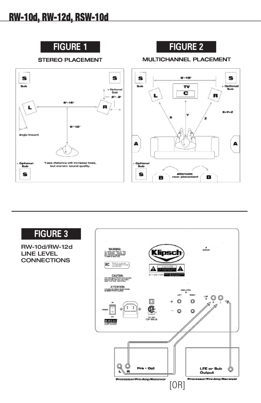 Klipsch manual Stereo Placement, Multichannel Placement, RW-10d/RW-12d LINE LEVEL CONNECTIONS, RW-10d, RW-12d, RSW-10d 