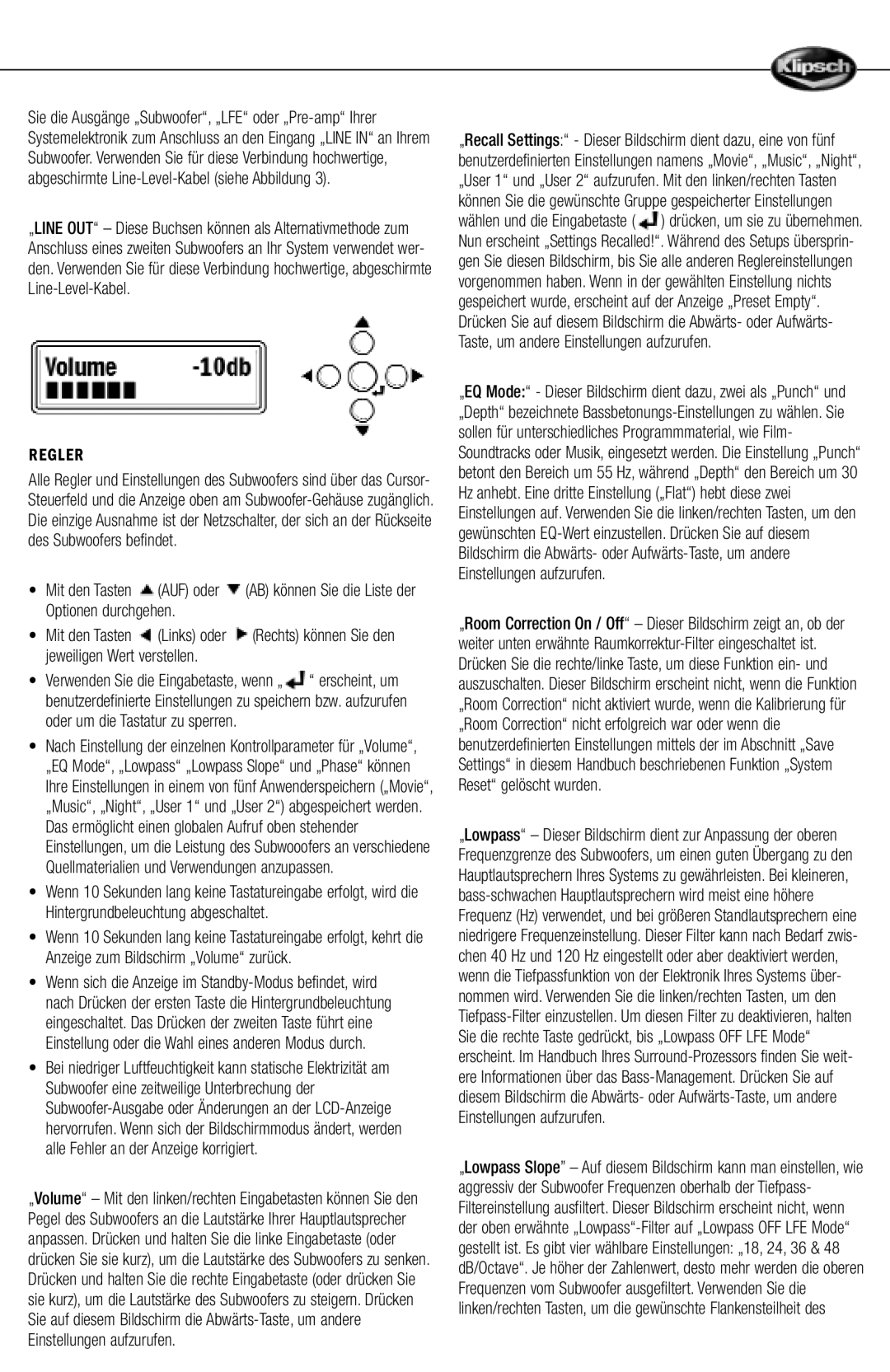Klipsch RT-12D, RT-10D manual Regler 