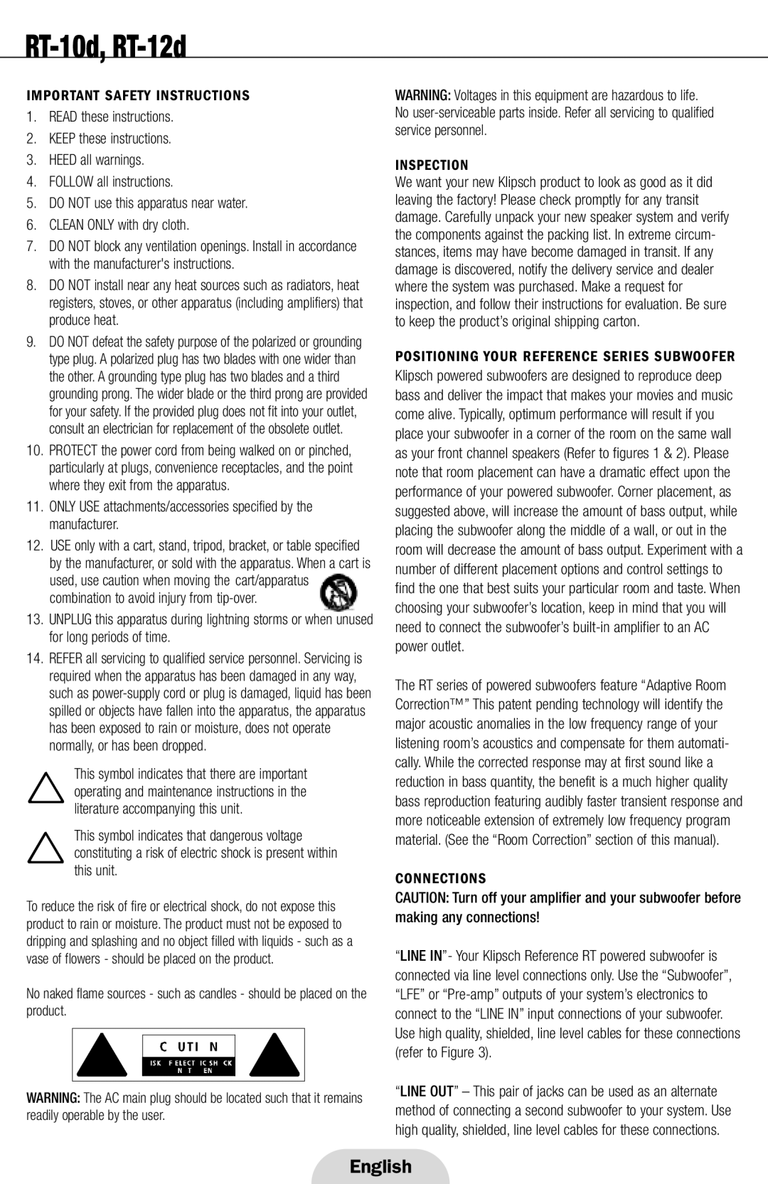 Klipsch RT-10D, RT-12D manual Important Safety Instructions, Inspection, Connections 