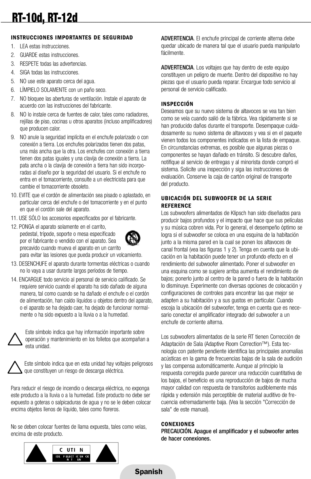 Klipsch RT-10D, RT-12D Instrucciones Importantes DE Seguridad, Inspección, Ubicación DEL Subwoofer DE LA Serie Reference 