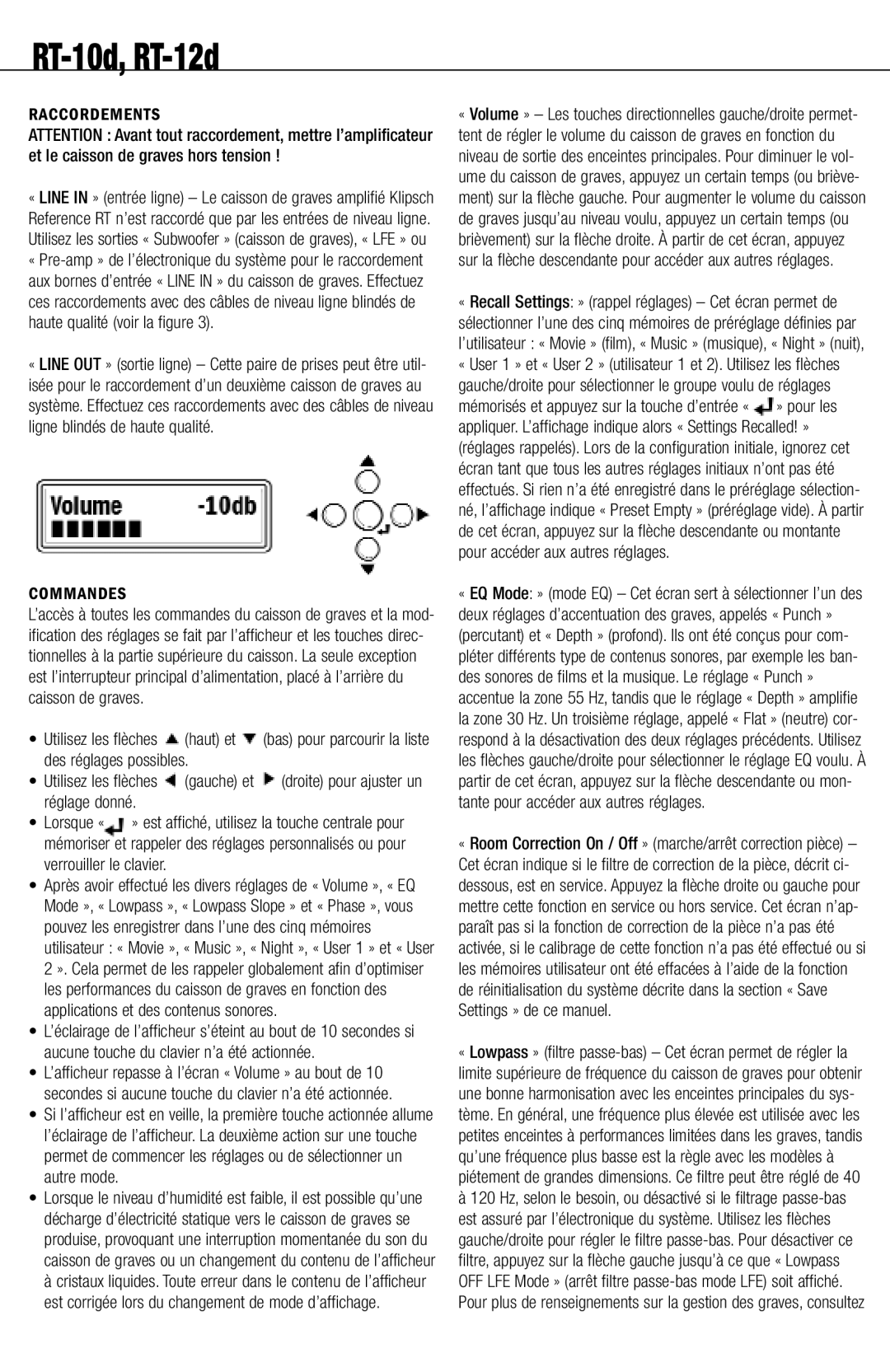 Klipsch RT-10D, RT-12D manual Raccordements, Commandes 