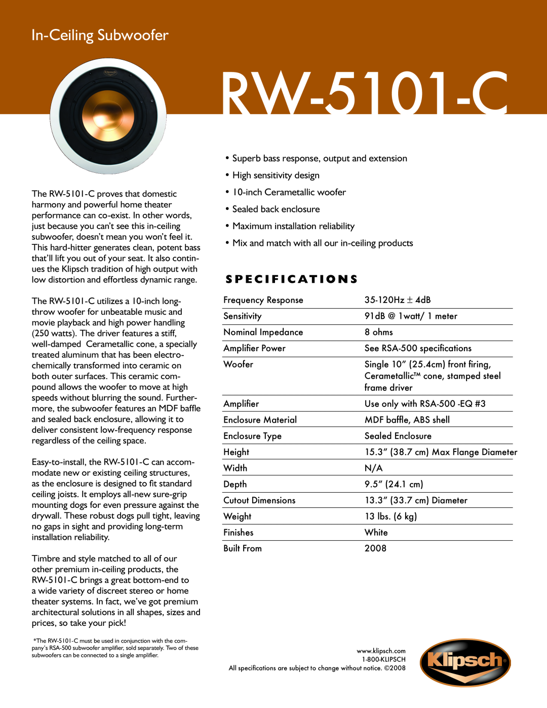 Klipsch RW-5101-C specifications In-CeilingSubwoofer, S p e c i f i c a t i o n s 