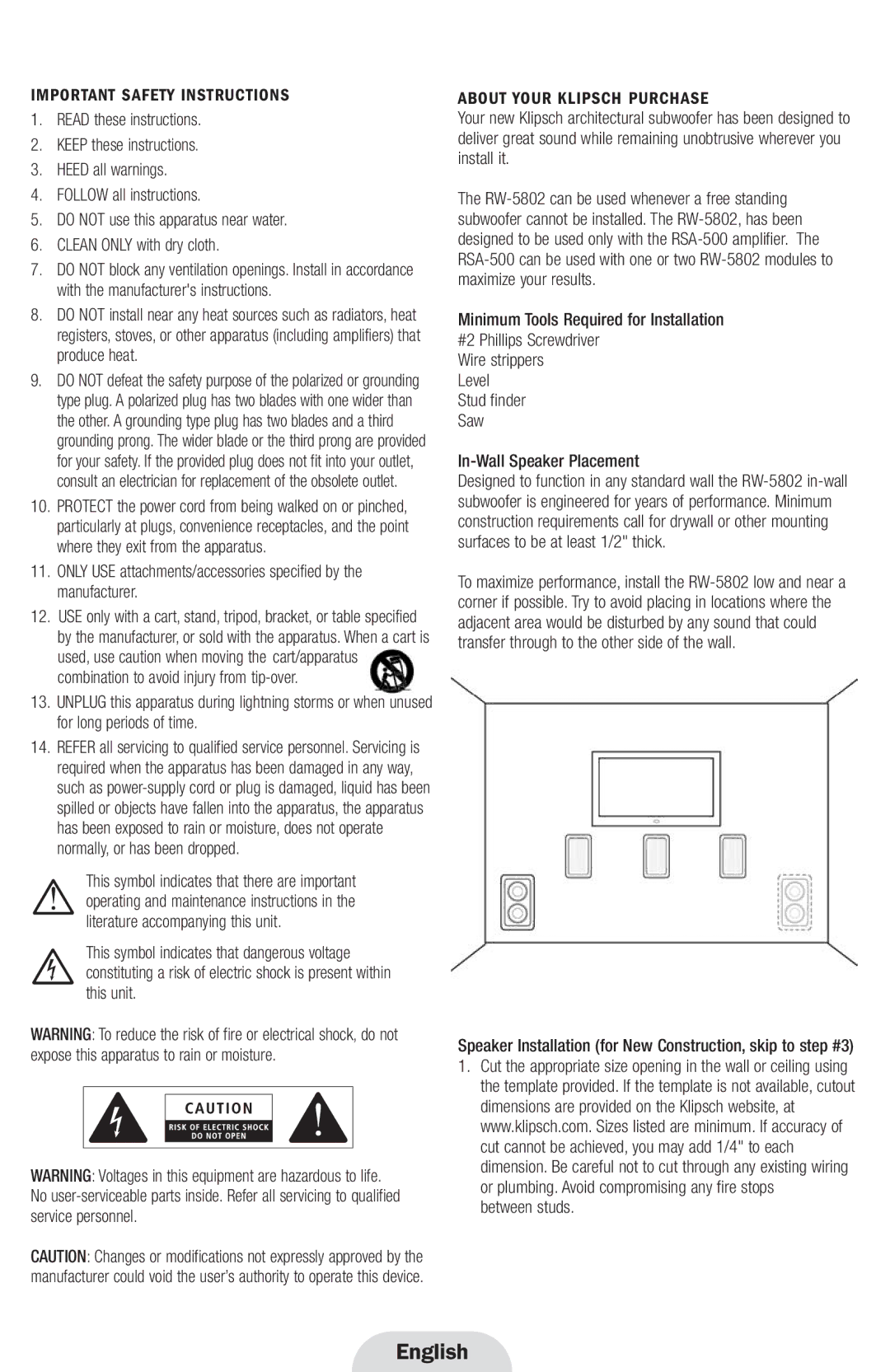 Klipsch RW-5802 owner manual English, Important Safety Instructions, About Your Klipsch Purchase, Between studs 