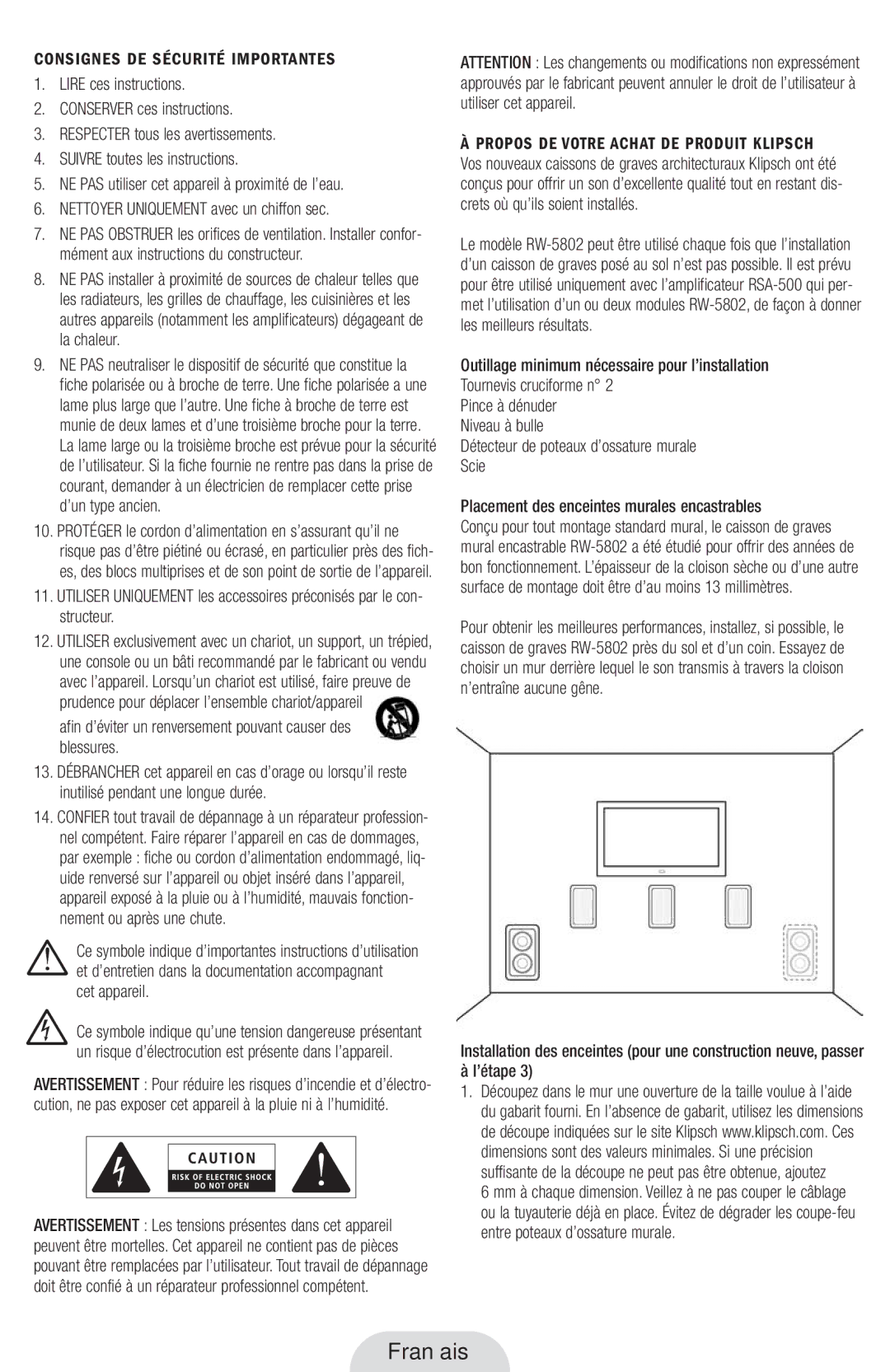 Klipsch RW-5802 Français, Consignes DE Sécurité Importantes, Afin d’éviter un renversement pouvant causer des blessures 