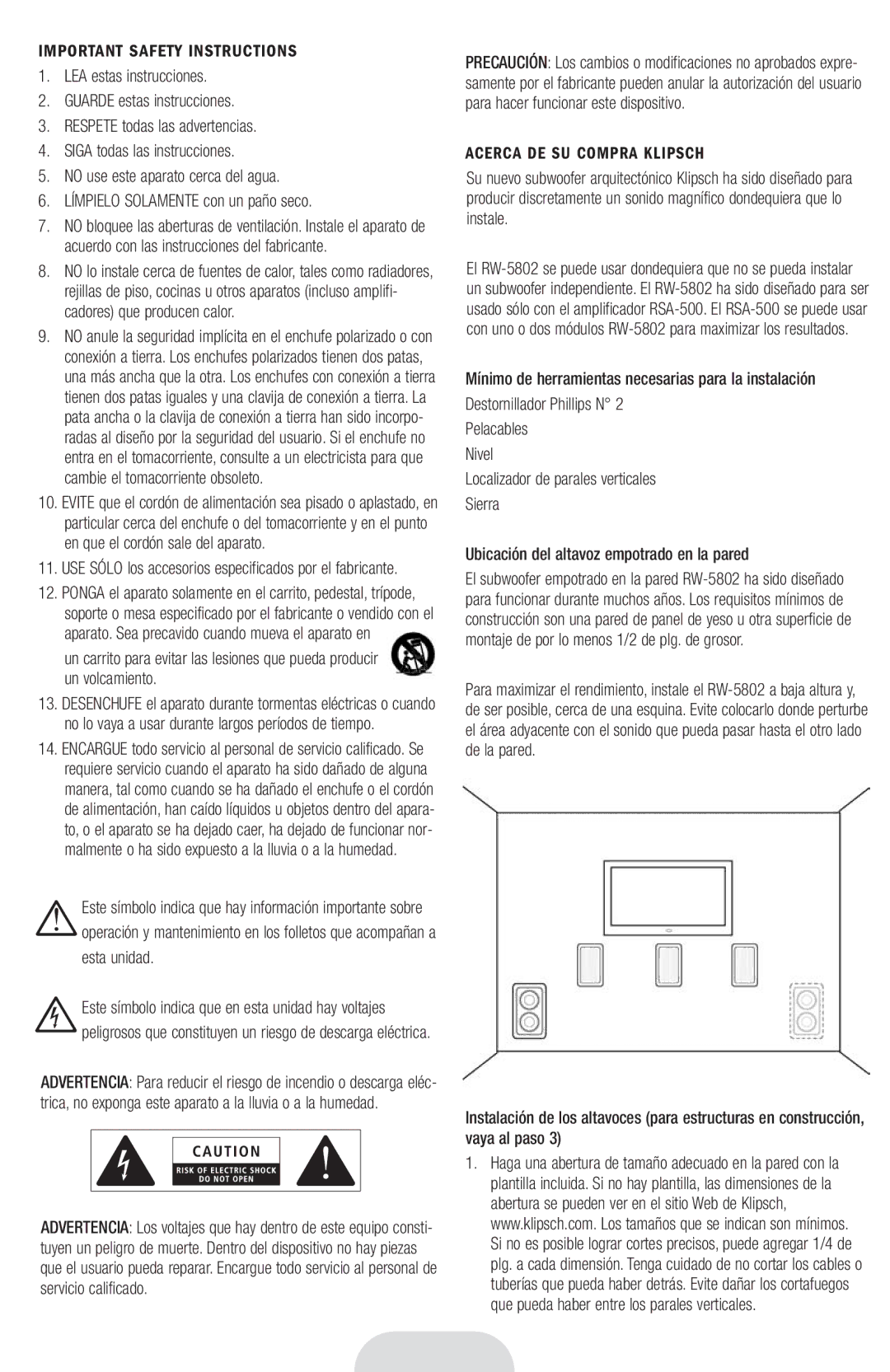 Klipsch RW-5802 owner manual Español, Esta unidad, Acerca DE SU Compra Klipsch 