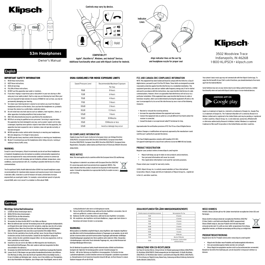 Klipsch S3M owner manual S3m Headphones, English, German 