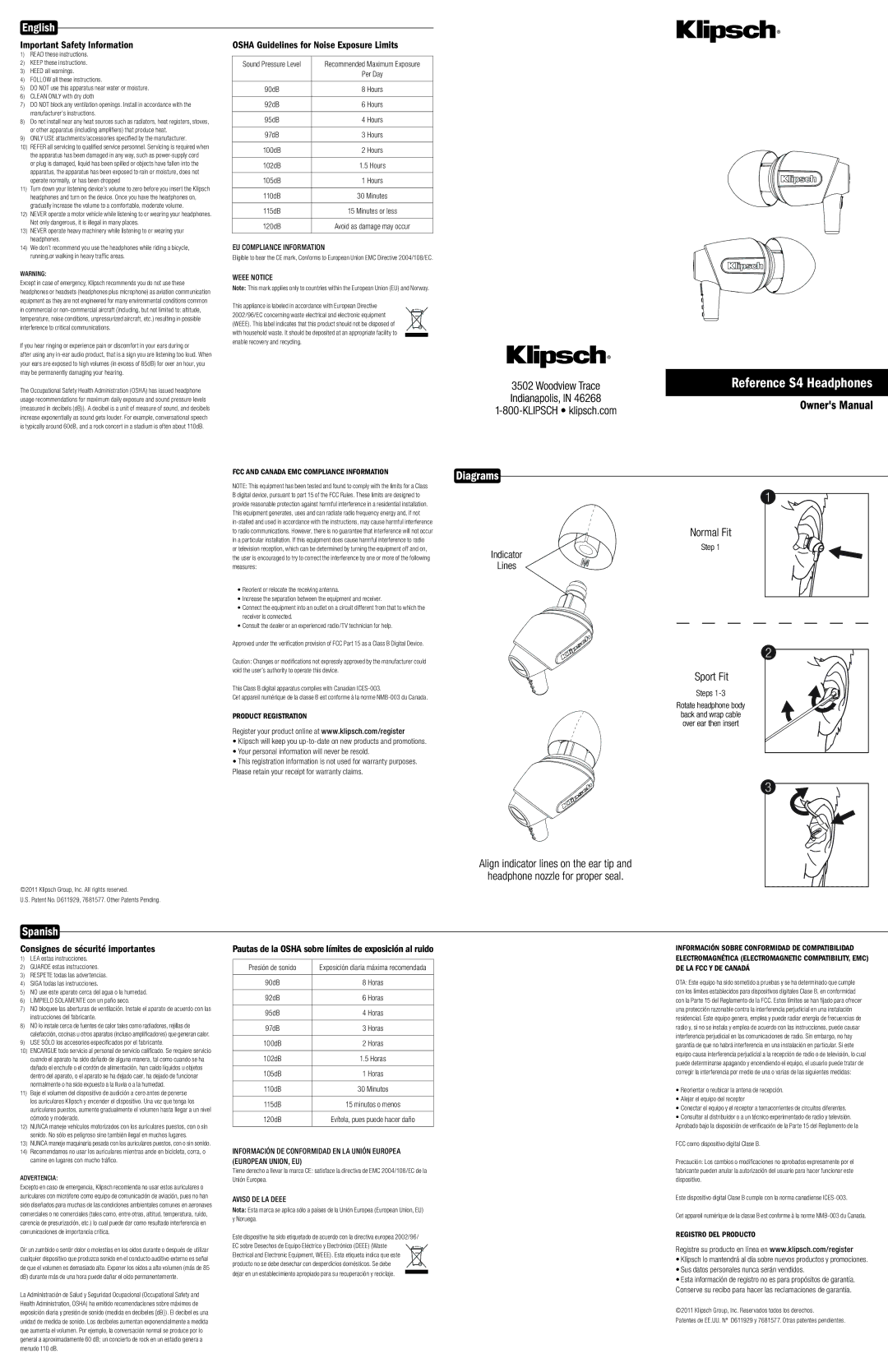 Klipsch warranty English, Reference S4 Headphones, Spanish 