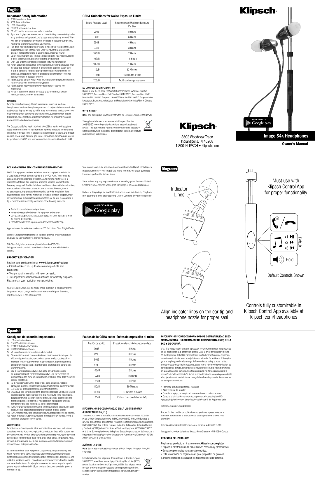 Klipsch S4A warranty English, Spanish, Important Safety Information, Osha Guidelines for Noise Exposure Limits 