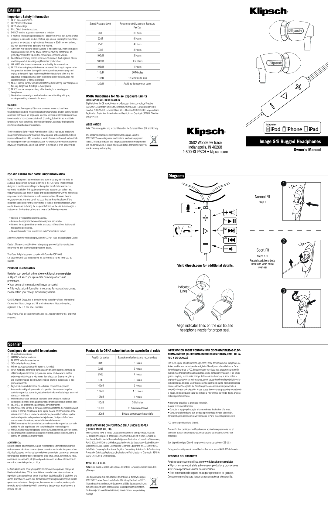 Klipsch S4I warranty English, Spanish, Important Safety Information, Osha Guidelines for Noise Exposure Limits 