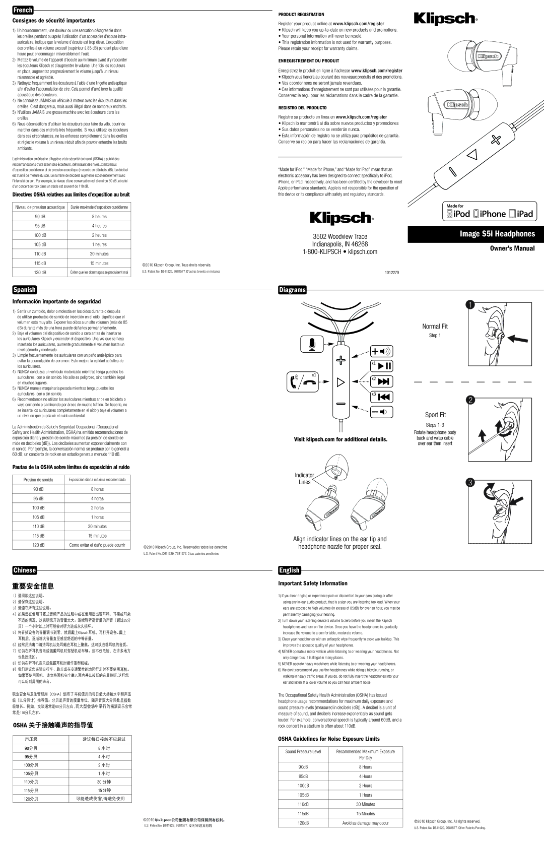 Klipsch S5I owner manual French, Image S5i Headphones, Spanish, Chinese, English 