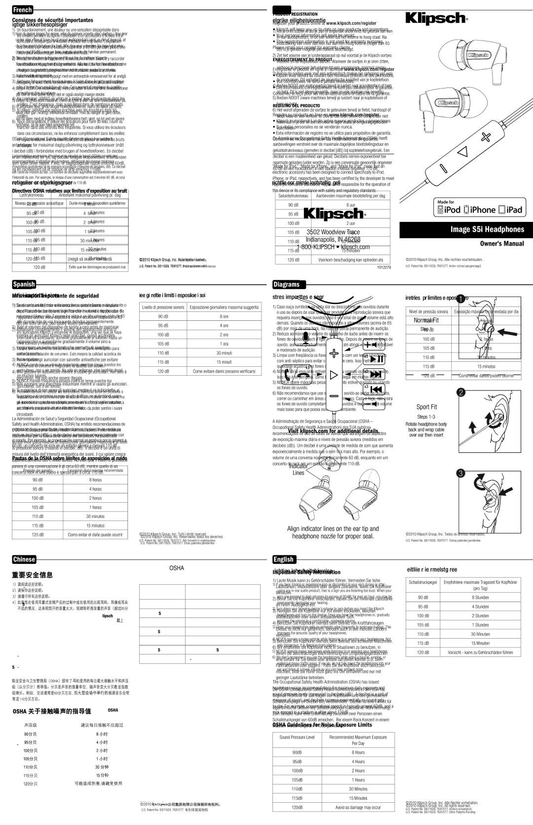 Klipsch S5I owner manual Danish, Dutch, Italian, Portuguese, Russian, German 