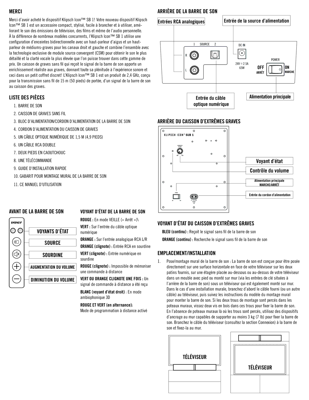 Klipsch SB 1 owner manual Merci, Liste DES Pièces, Source 