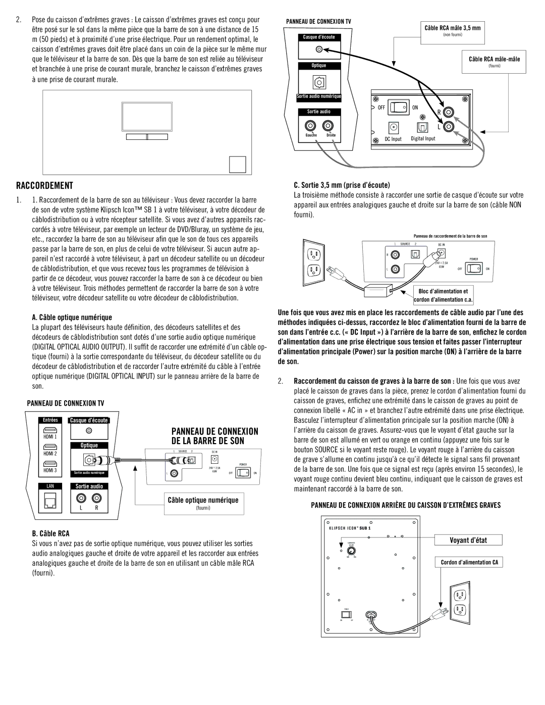 Klipsch SB 1 Raccordement, Câble optique numérique, Panneau de connexion TV Sortie 3,5 mm prise d’écoute, Voyant d’état 