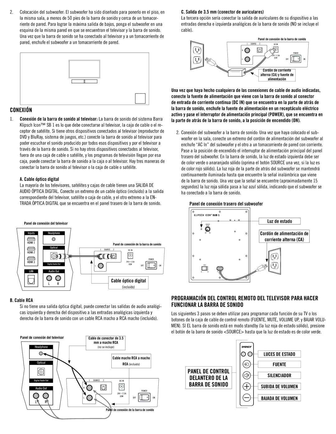 Klipsch SB 1 owner manual Conexión, Salida de 3.5 mm conector de auriculares, Cable óptico digital 