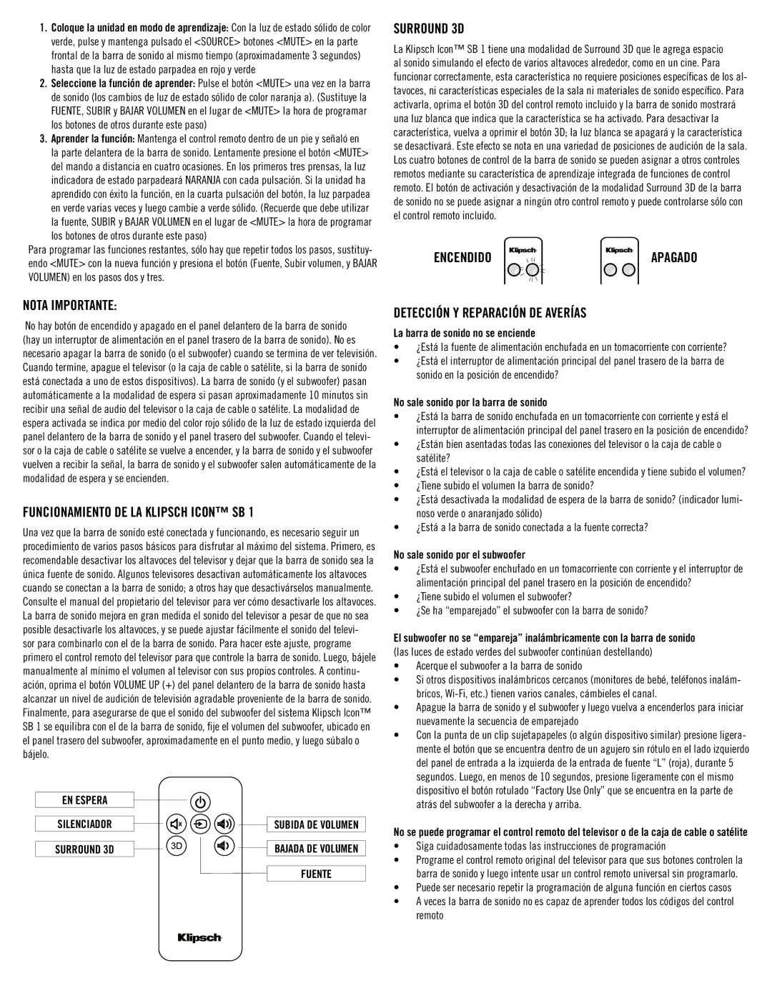 Klipsch SB 1 owner manual Surround 3D, Encendido, Nota Importante, Funcionamiento DE LA Klipsch Icon SB 