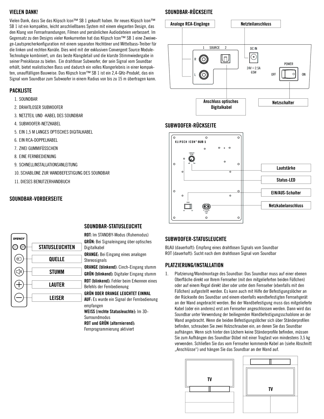 Klipsch SB 1 owner manual Vielen Dank, Packliste, Soundbar-Rückseite, Statusleuchten Quelle Stumm Lauter Leiser 