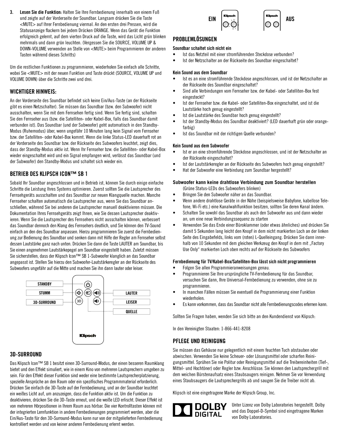 Klipsch SB 1 owner manual Wichtiger Hinweis, 3D-SURROUND, Ein, Problemlösungen, Pflege UND Reinigung 