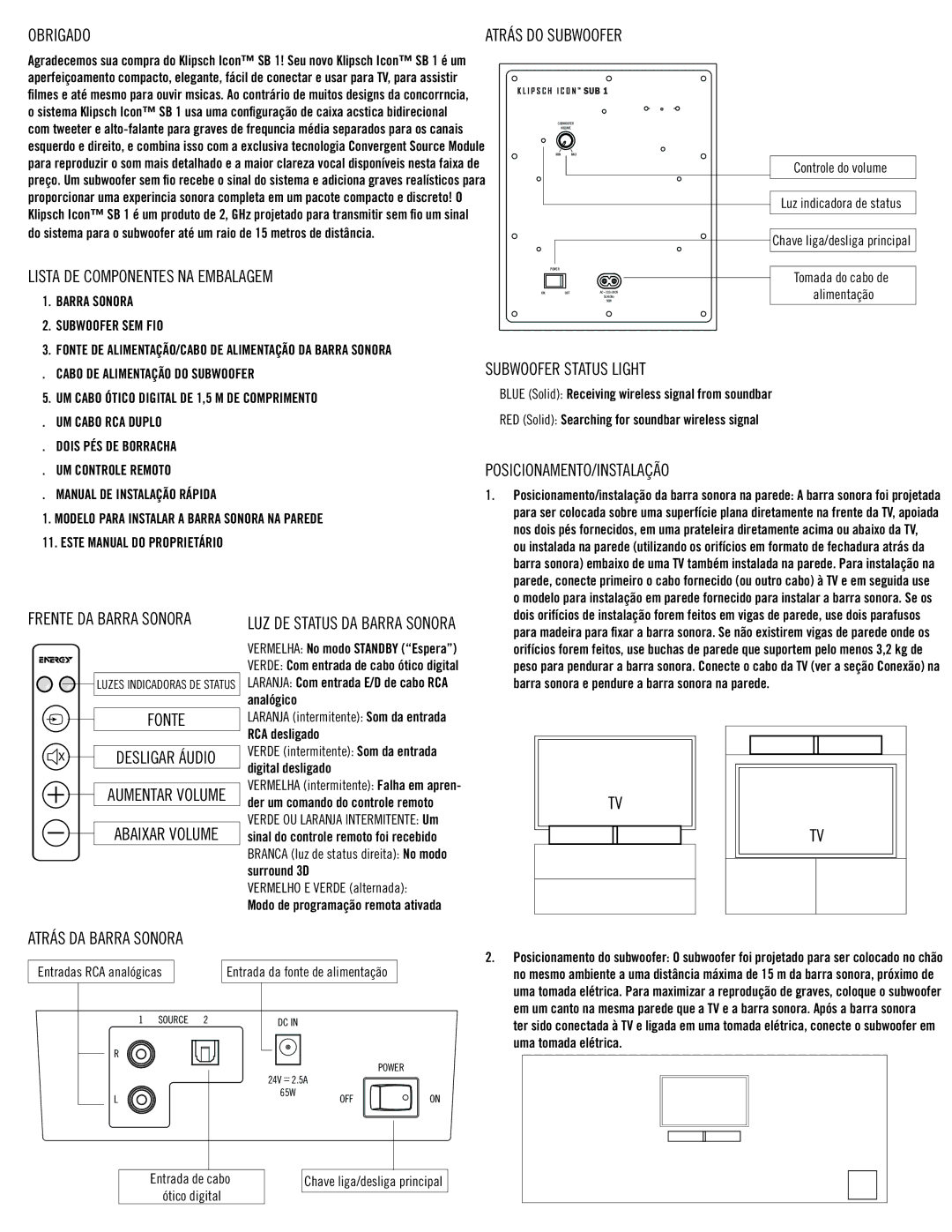 Klipsch SB 1 owner manual Obrigado, Lista DE Componentes NA Embalagem, Atrás do Subwoofer, Fonte, Atrás DA Barra Sonora 