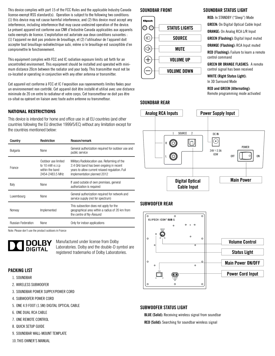 Klipsch SB 1 owner manual Soundbar Rear, Main Power, Cable Input, PAcking List, Subwoofer Rear, Subwoofer Status Light 