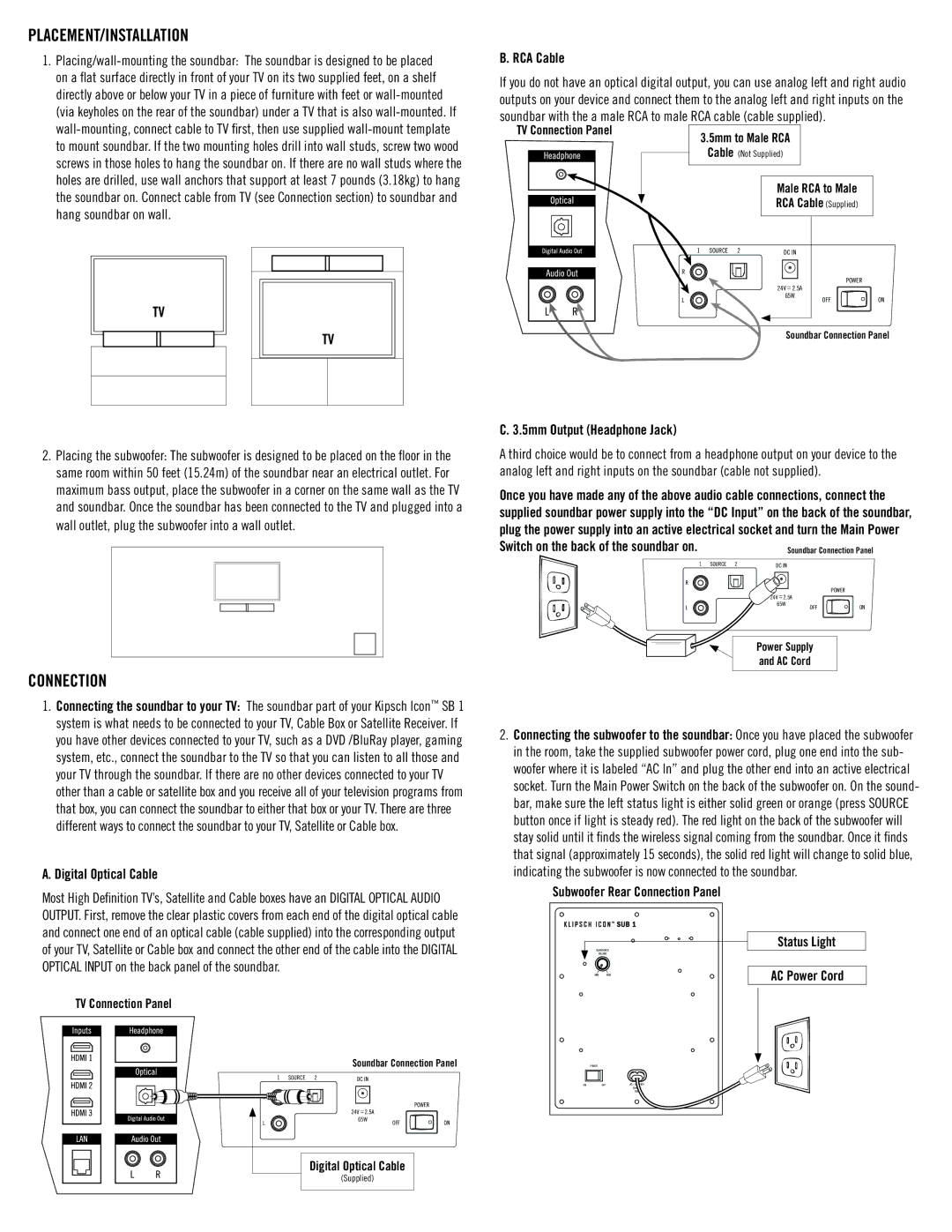 Klipsch SB 1 owner manual Placement/Installation, Connection 