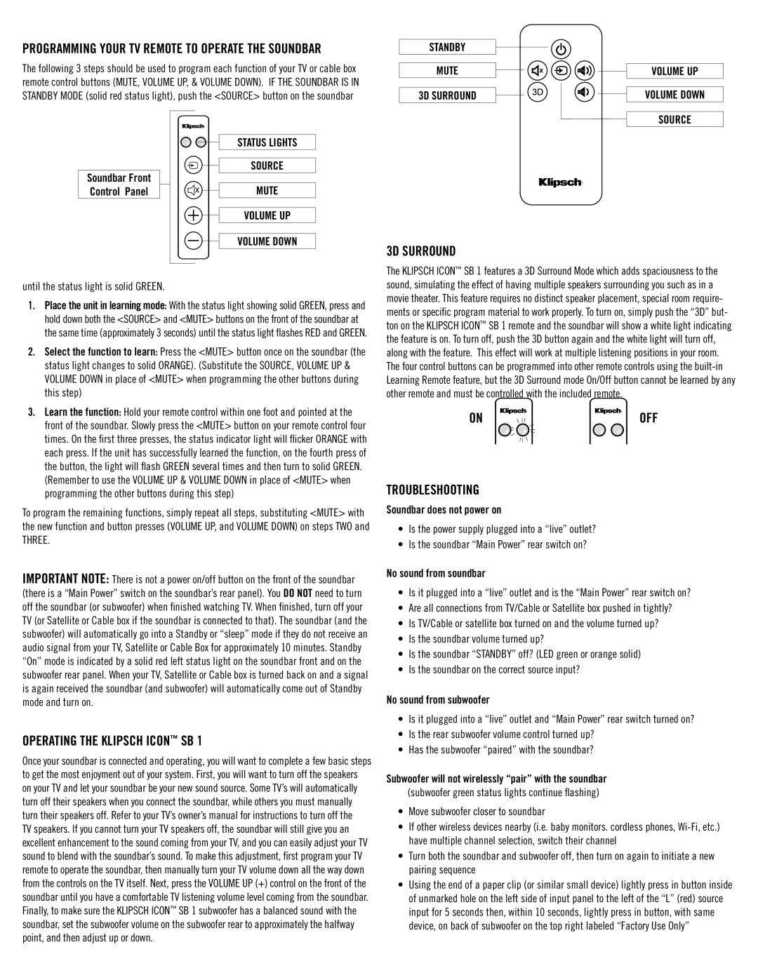 Klipsch SB 1 owner manual Programming Your TV Remote To Operate The SoundBar, 3D Surround, Operating the Klipsch icon SB 