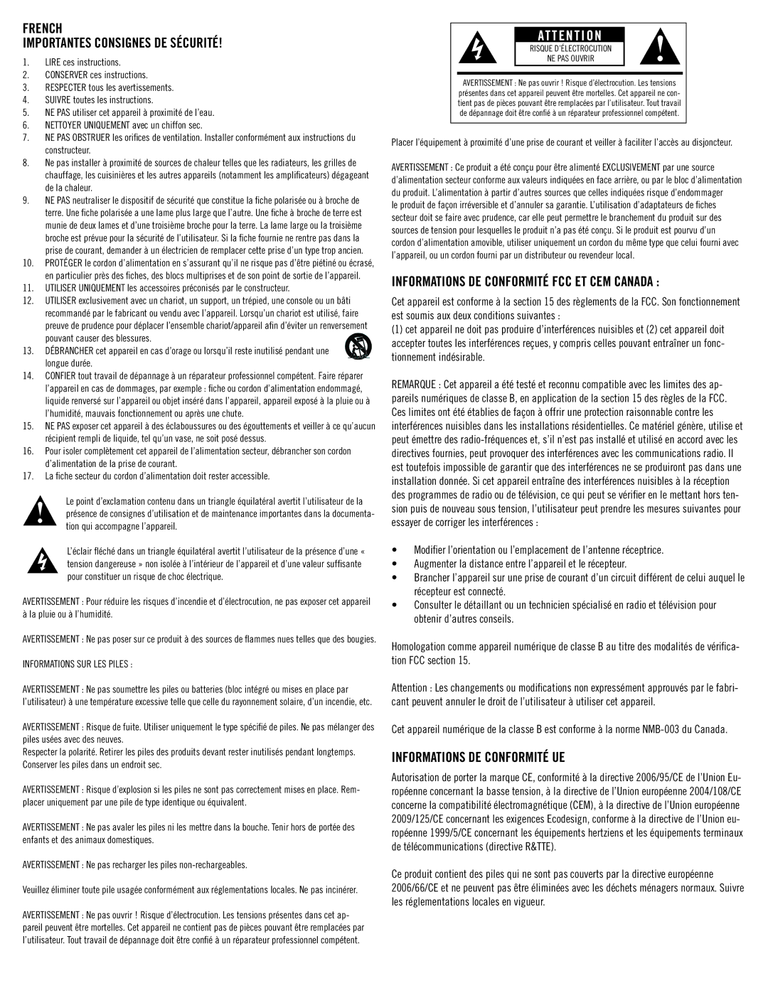 Klipsch SB 1 owner manual French Importantes Consignes de sécurité, Informations DE Conformité UE 