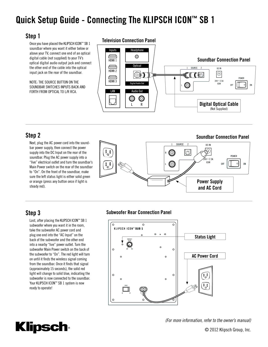 Klipsch SB 1 Quick Setup Guide Connecting The Klipsch Icon SB, Step, Soundbar Connection Panel, Status Light AC Power Cord 